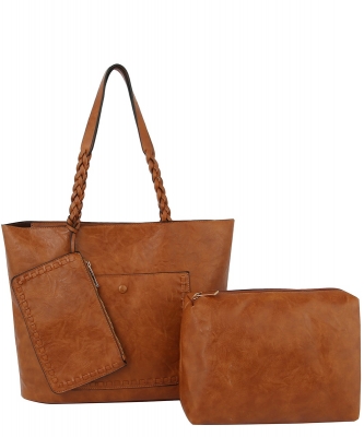Fashion Whipstitch Pocket 3-in-1 Shopper Set LHU363 BROWN